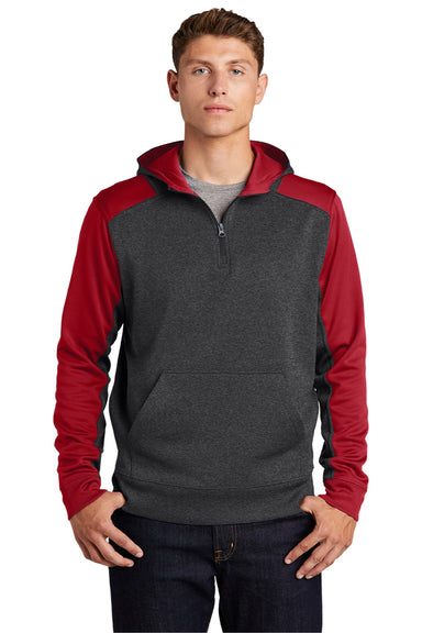 Sport-Tek ST249 Mens Tech Moisture Wicking Fleece 1/4 Zip Hooded Sweatshirt Hoodie w/ Patch Pocket Heather Graphite Grey/True Red Model Front