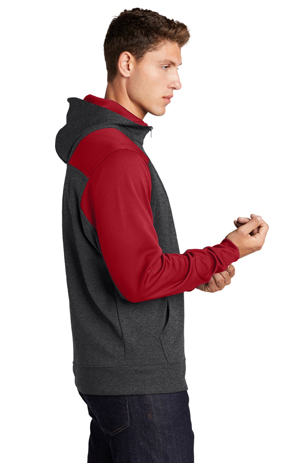 Sport-Tek ST249 Mens Tech Moisture Wicking Fleece 1/4 Zip Hooded Sweatshirt Hoodie w/ Patch Pocket Heather Graphite Grey/True Red Model Side