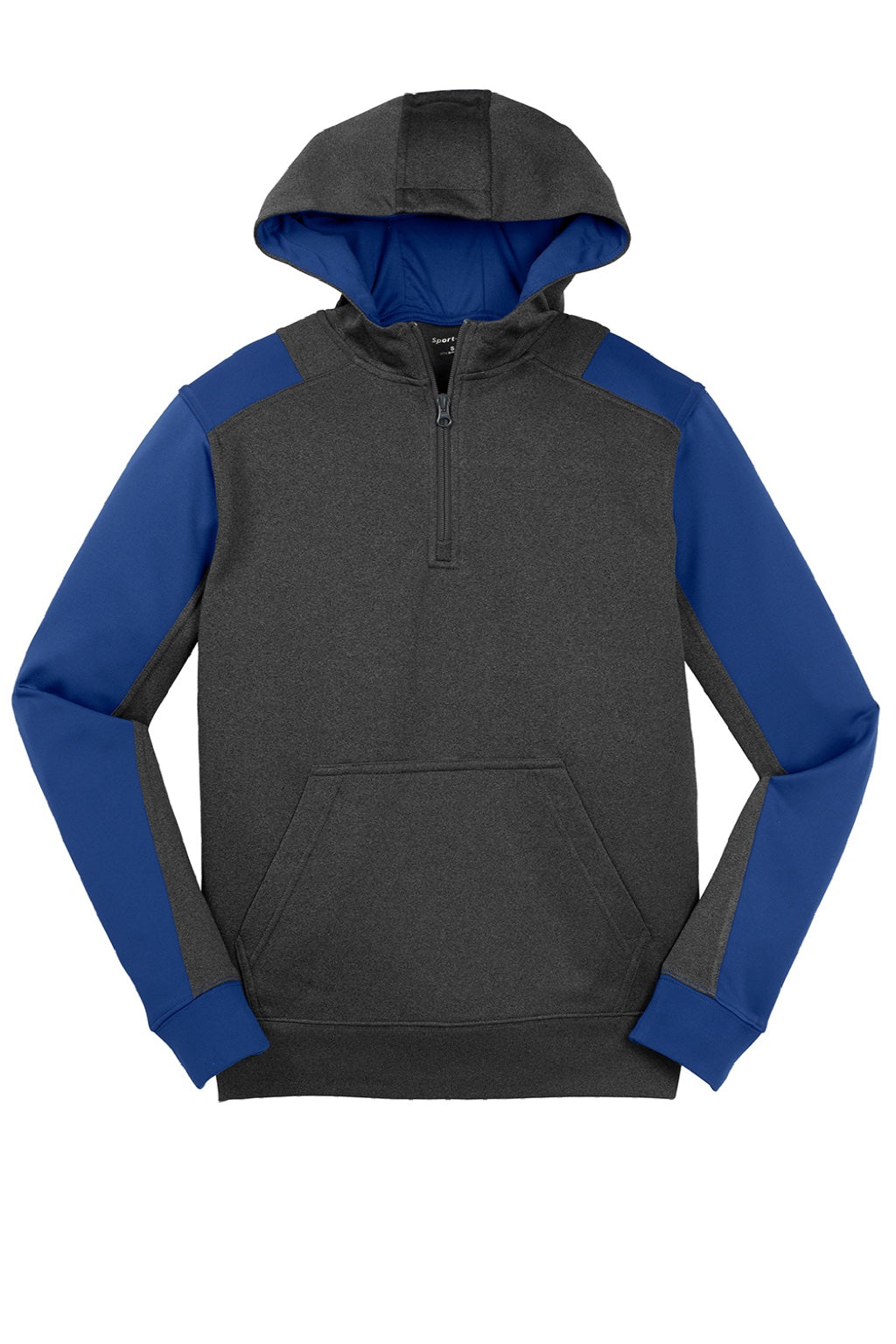Sport-Tek ST249 Mens Tech Moisture Wicking Fleece 1/4 Zip Hooded Sweatshirt Hoodie w/ Patch Pocket Heather Graphite Grey/True Royal Blue Flat Front