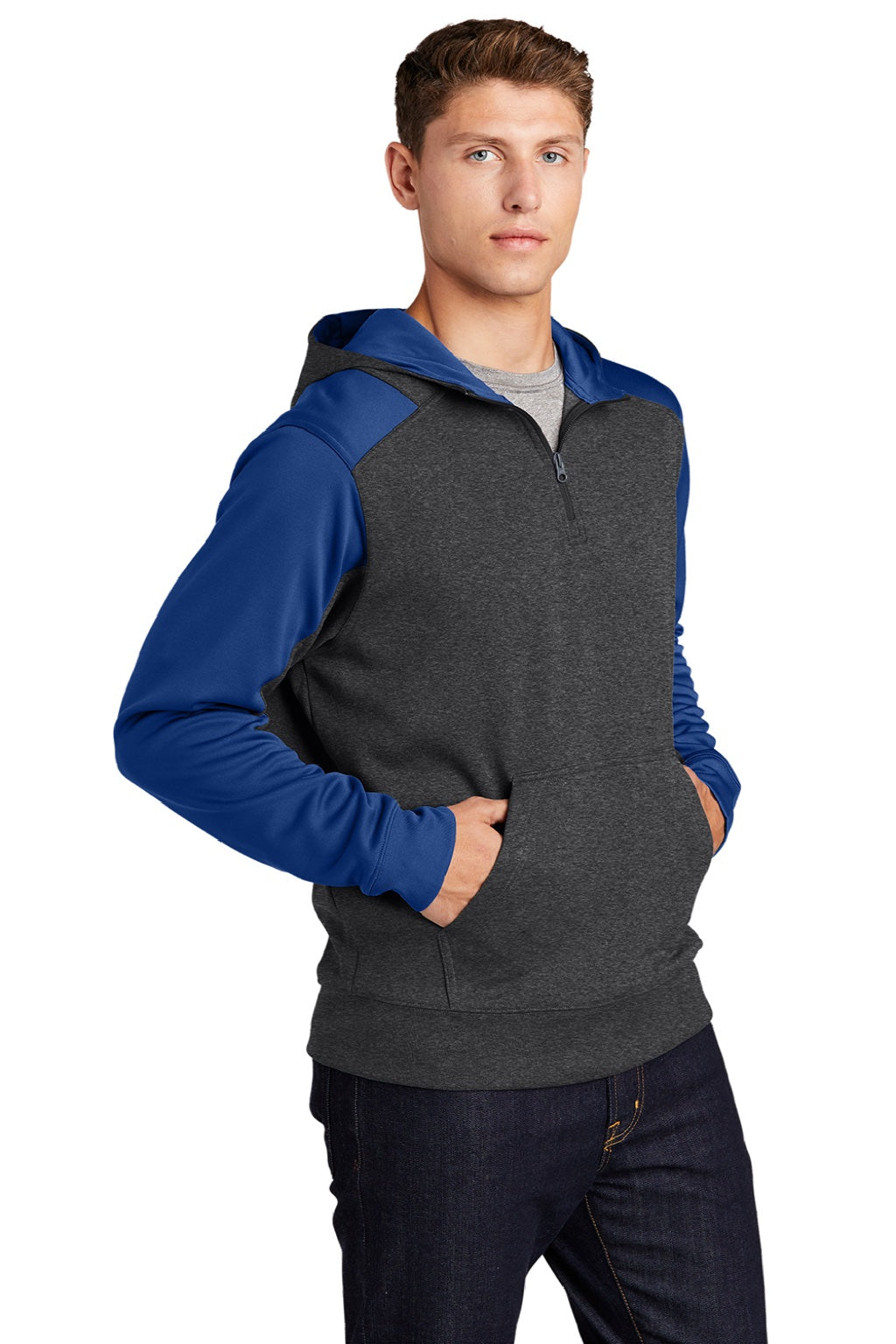 Sport-Tek ST249 Mens Tech Moisture Wicking Fleece 1/4 Zip Hooded Sweatshirt Hoodie w/ Patch Pocket Heather Graphite Grey/True Royal Blue Model 3q