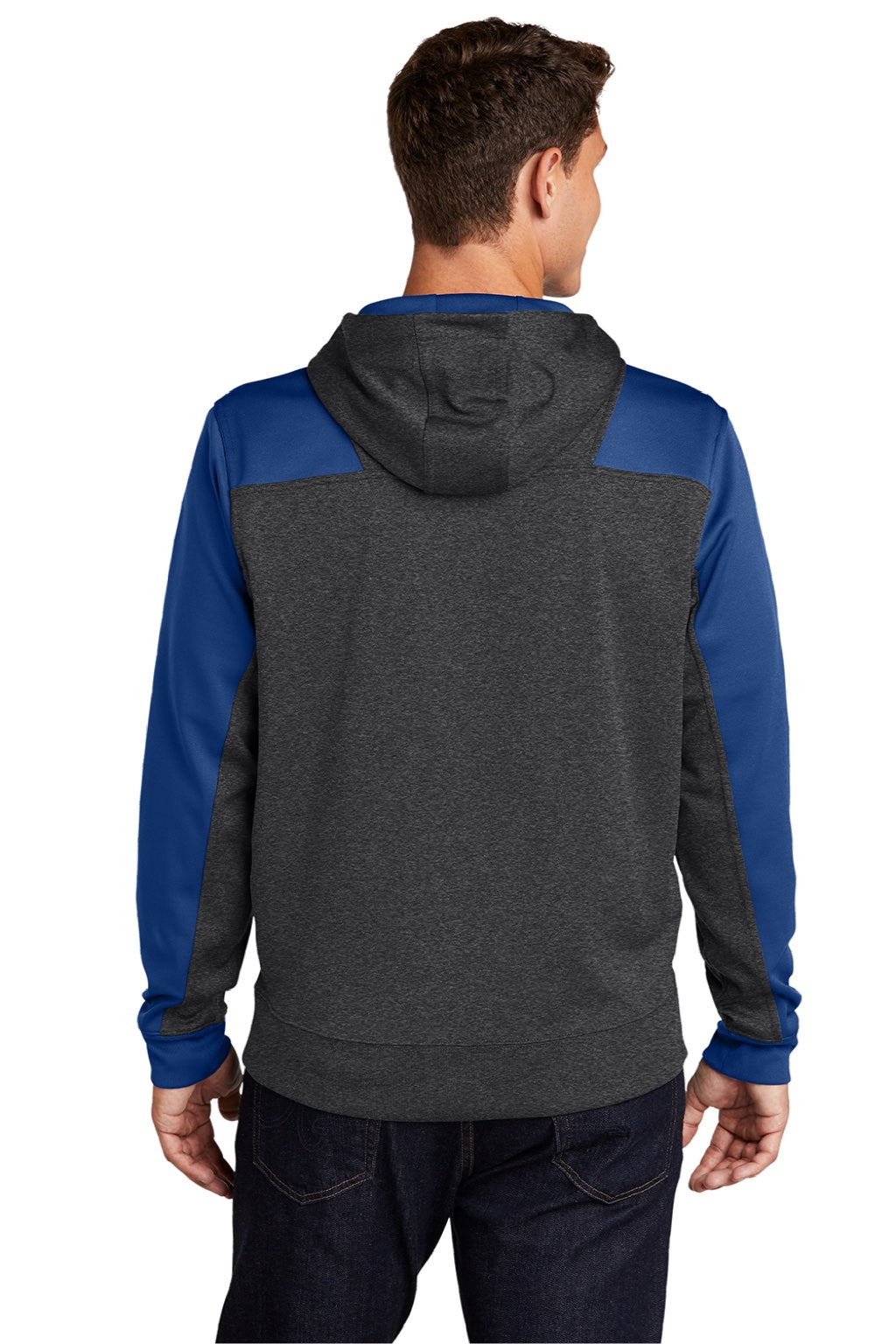Sport-Tek ST249 Mens Tech Moisture Wicking Fleece 1/4 Zip Hooded Sweatshirt Hoodie w/ Patch Pocket Heather Graphite Grey/True Royal Blue Model Back