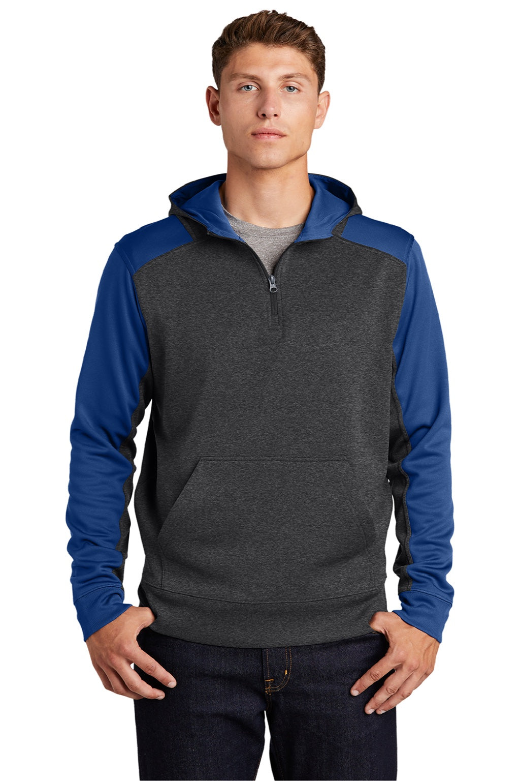 Sport-Tek ST249 Mens Tech Moisture Wicking Fleece 1/4 Zip Hooded Sweatshirt Hoodie w/ Patch Pocket Heather Graphite Grey/True Royal Blue Model Front