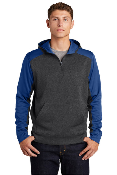 Sport-Tek ST249 Mens Tech Moisture Wicking Fleece 1/4 Zip Hooded Sweatshirt Hoodie w/ Patch Pocket Heather Graphite Grey/True Royal Blue Model Front