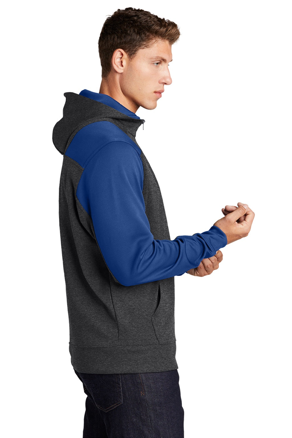 Sport-Tek ST249 Mens Tech Moisture Wicking Fleece 1/4 Zip Hooded Sweatshirt Hoodie w/ Patch Pocket Heather Graphite Grey/True Royal Blue Model Side