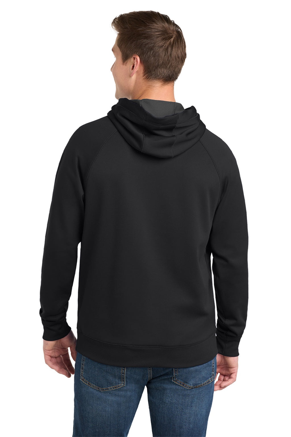 Sport-Tek ST250 Mens Tech Moisture Wicking Fleece Hooded Sweatshirt Hoodie w/ Pouch Pocket Black Model Back