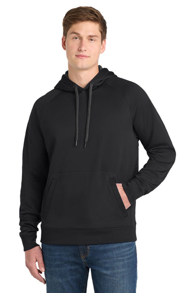 Sport-Tek ST250 Mens Tech Moisture Wicking Fleece Hooded Sweatshirt Hoodie w/ Pouch Pocket Black Model Front