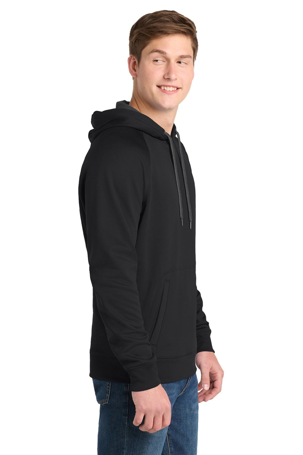 Sport-Tek ST250 Mens Tech Moisture Wicking Fleece Hooded Sweatshirt Hoodie w/ Pouch Pocket Black Model Side