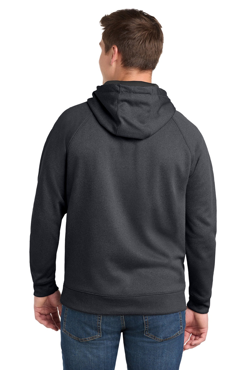 Sport-Tek ST250 Mens Tech Moisture Wicking Fleece Hooded Sweatshirt Hoodie w/ Pouch Pocket Heather Graphite Grey Model Back