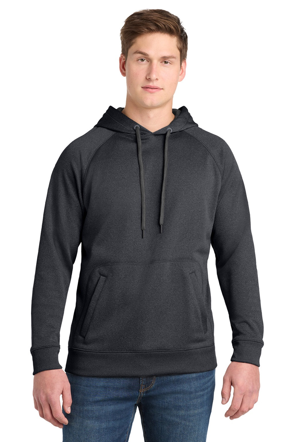 Sport-Tek ST250 Mens Tech Moisture Wicking Fleece Hooded Sweatshirt Hoodie w/ Pouch Pocket Heather Graphite Grey Model Front