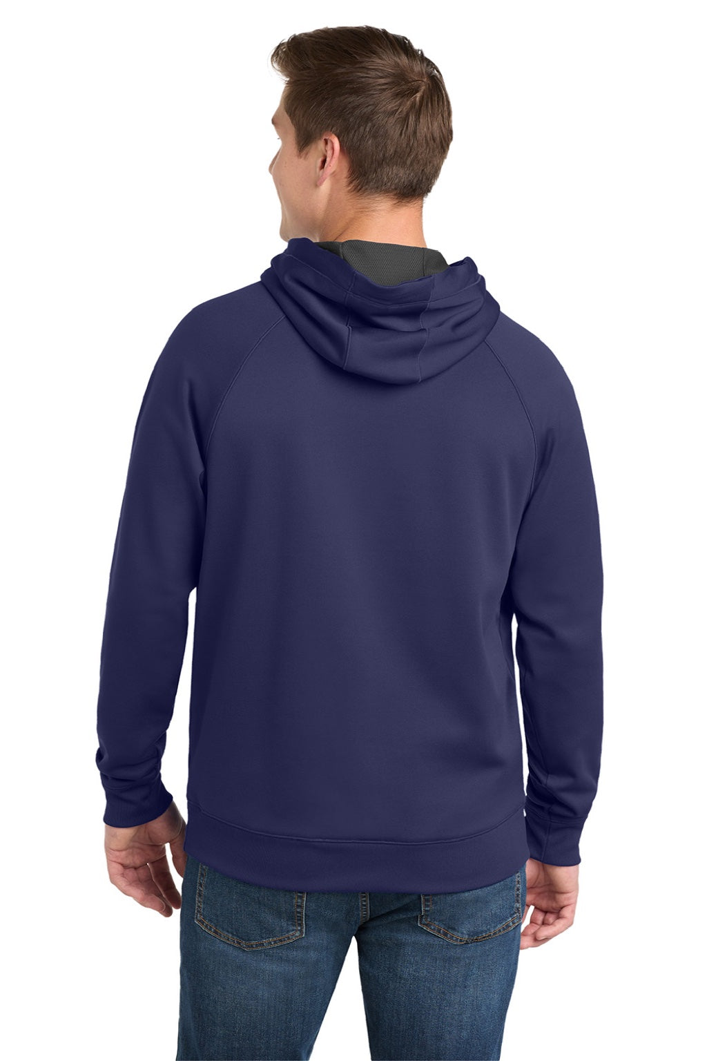 Sport-Tek ST250 Mens Tech Moisture Wicking Fleece Hooded Sweatshirt Hoodie w/ Pouch Pocket True Navy Blue Model Back