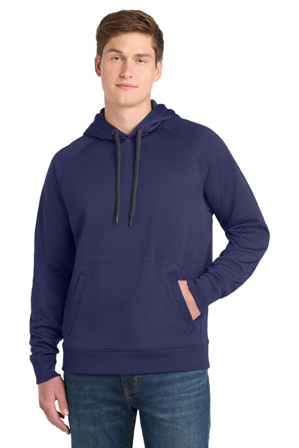 Sport-Tek ST250 Mens Tech Moisture Wicking Fleece Hooded Sweatshirt Hoodie w/ Pouch Pocket True Navy Blue Model Front