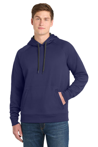 Sport-Tek ST250 Mens Tech Moisture Wicking Fleece Hooded Sweatshirt Hoodie w/ Pouch Pocket True Navy Blue Model Front