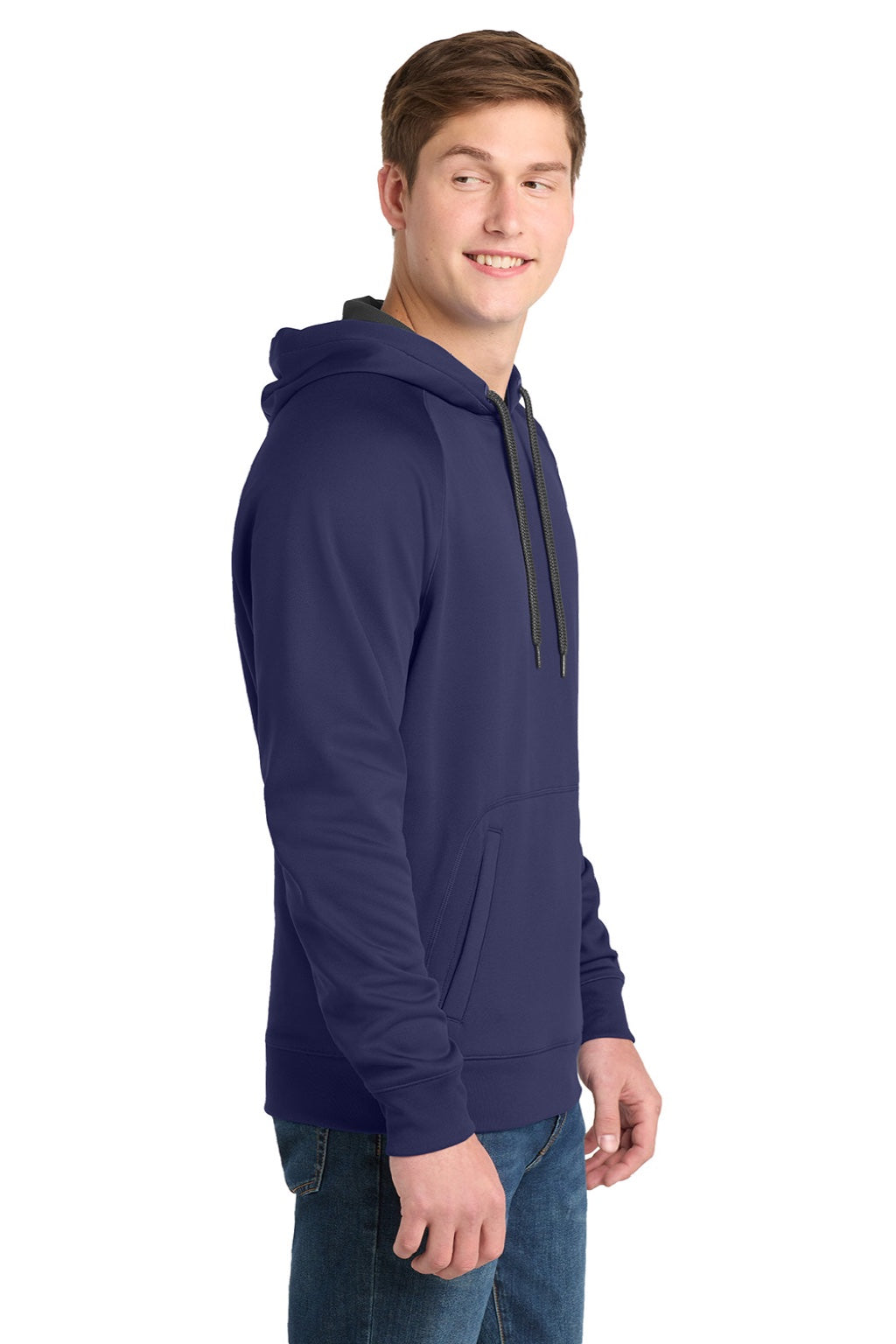 Sport-Tek ST250 Mens Tech Moisture Wicking Fleece Hooded Sweatshirt Hoodie w/ Pouch Pocket True Navy Blue Model Side