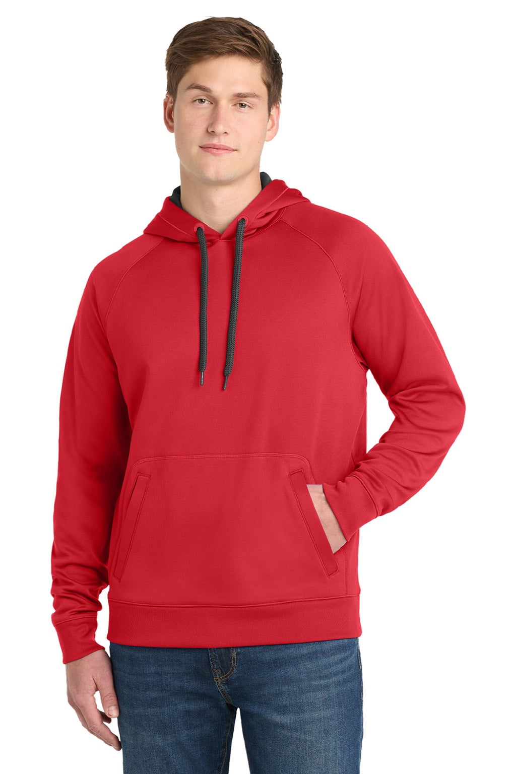 Sport-Tek ST250 Mens Tech Moisture Wicking Fleece Hooded Sweatshirt Hoodie w/ Pouch Pocket True Red Model Front