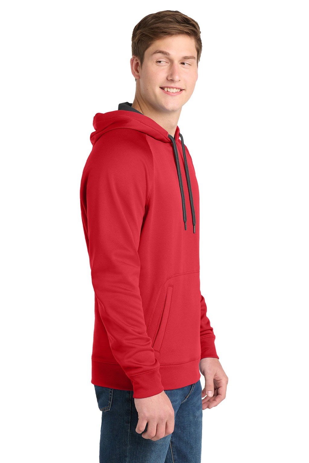 Sport-Tek ST250 Mens Tech Moisture Wicking Fleece Hooded Sweatshirt Hoodie w/ Pouch Pocket True Red Model Side