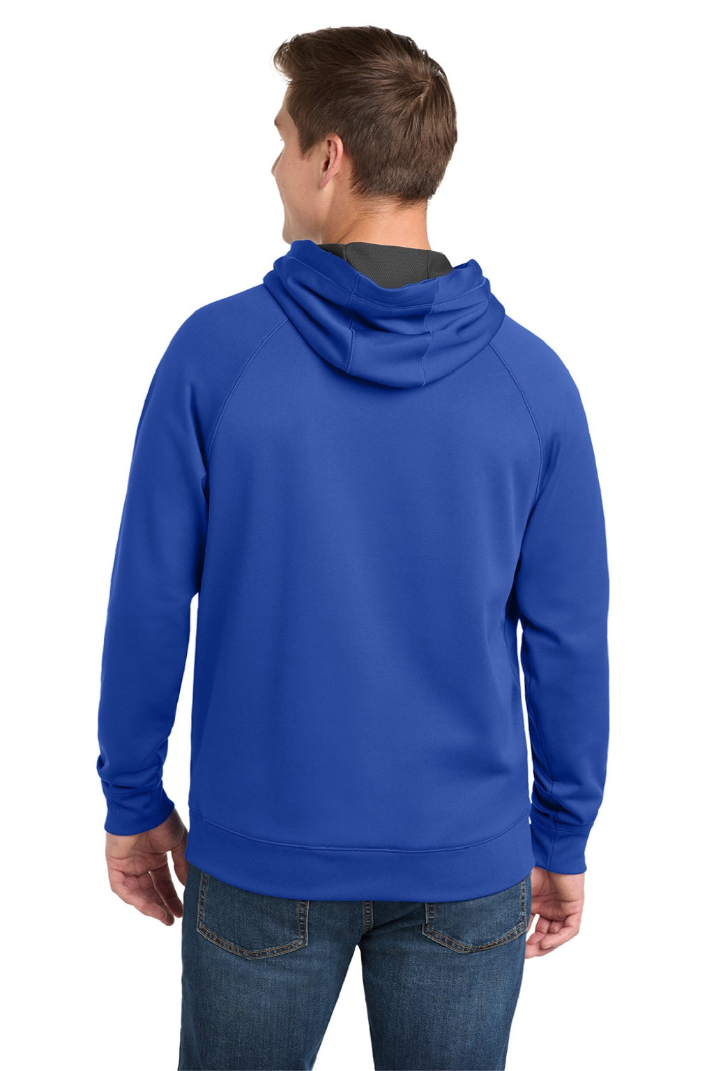 Sport-Tek ST250 Mens Tech Moisture Wicking Fleece Hooded Sweatshirt Hoodie w/ Pouch Pocket True Royal Blue Model Back