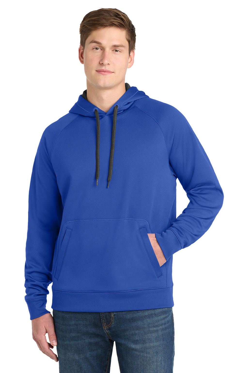 Sport-Tek ST250 Mens Tech Moisture Wicking Fleece Hooded Sweatshirt Hoodie w/ Pouch Pocket True Royal Blue Model Front