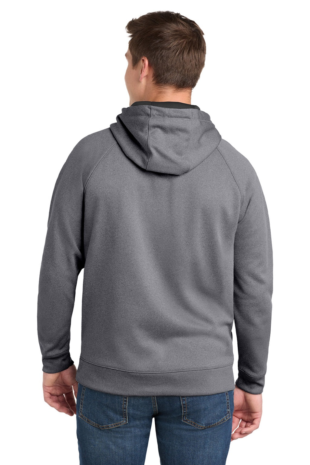 Sport-Tek ST250 Mens Tech Moisture Wicking Fleece Hooded Sweatshirt Hoodie w/ Pouch Pocket Heather Vintage Grey Model Back