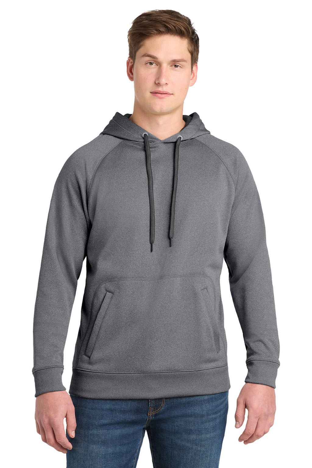 Sport-Tek ST250 Mens Tech Moisture Wicking Fleece Hooded Sweatshirt Hoodie w/ Pouch Pocket Heather Vintage Grey Model Front