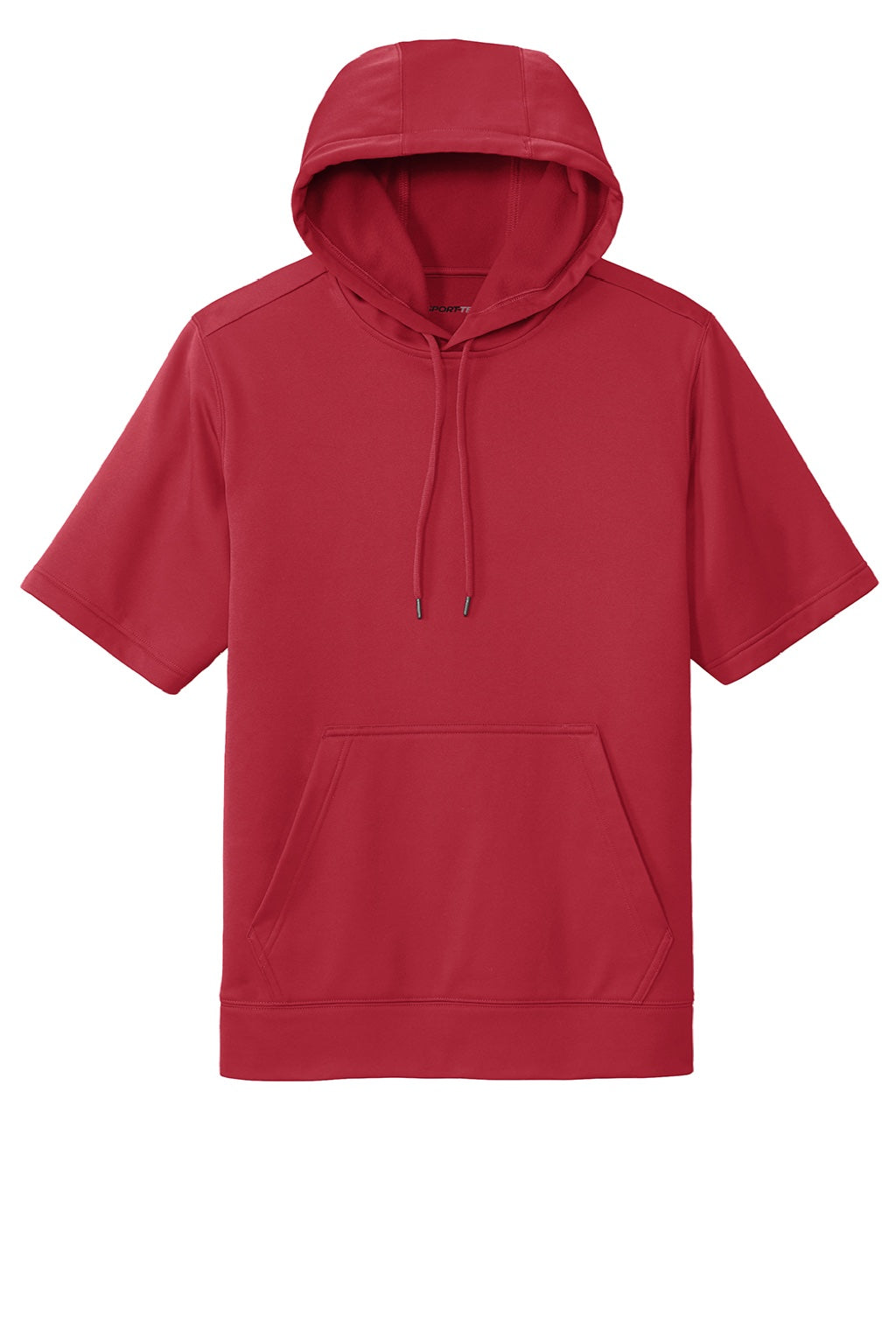 Sport-Tek ST251 Mens Moisture Wicking Fleece Short Sleeve Hooded Sweatshirt Hoodie w/ Pouch Pocket Deep Red Flat Front