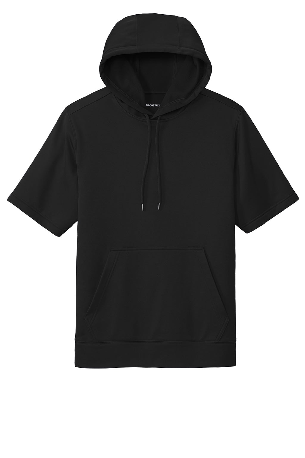Sport-Tek ST251 Mens Moisture Wicking Fleece Short Sleeve Hooded Sweatshirt Hoodie w/ Pouch Pocket Black Flat Front