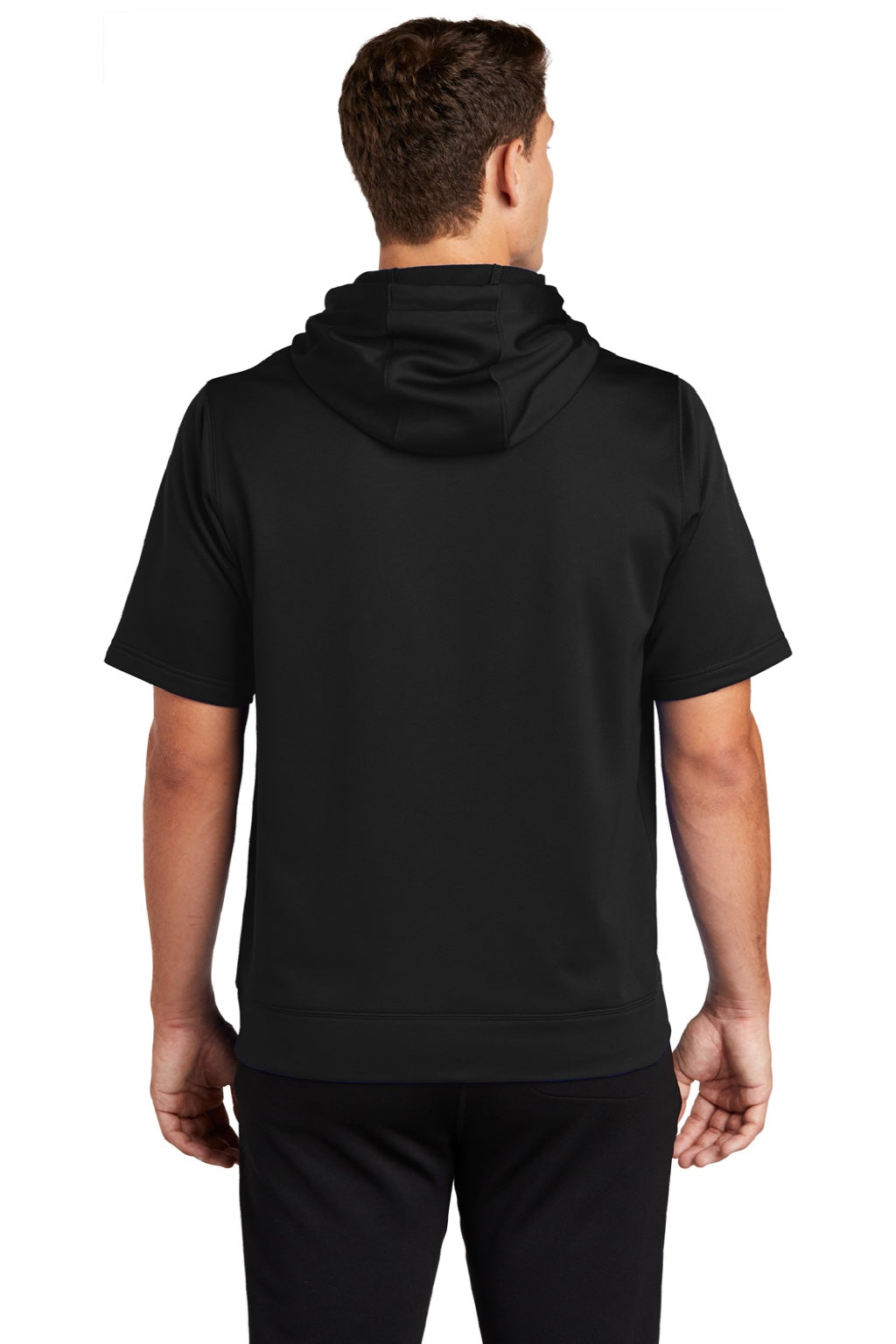 Sport-Tek ST251 Mens Moisture Wicking Fleece Short Sleeve Hooded Sweatshirt Hoodie w/ Pouch Pocket Black Model Back