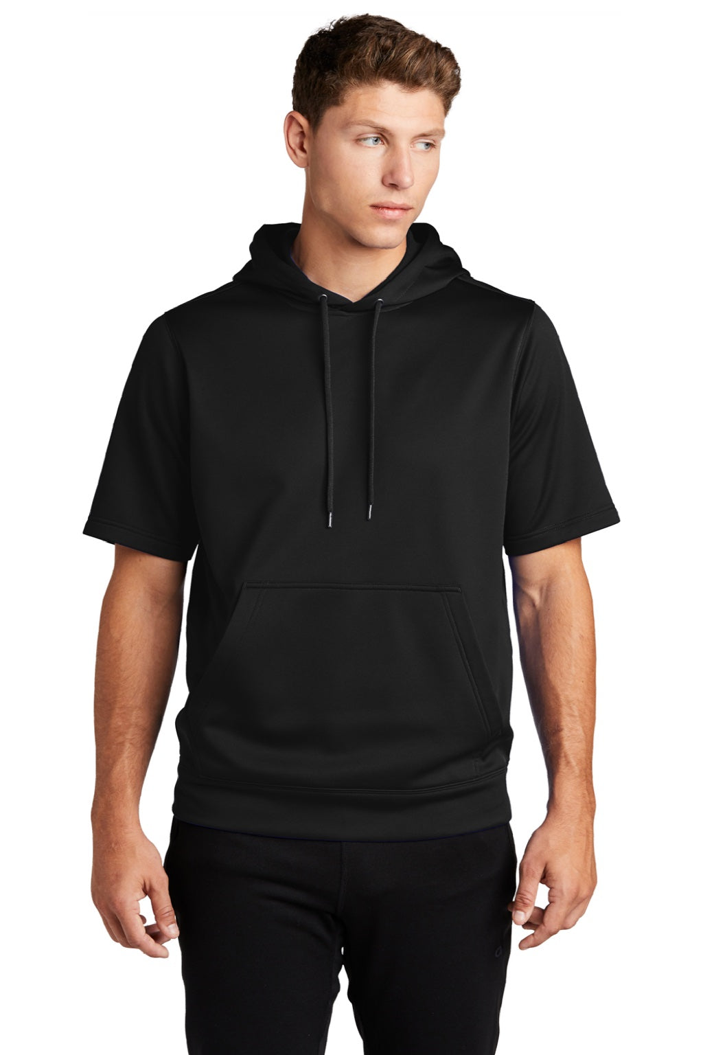 Sport-Tek ST251 Mens Moisture Wicking Fleece Short Sleeve Hooded Sweatshirt Hoodie w/ Pouch Pocket Black Model Front