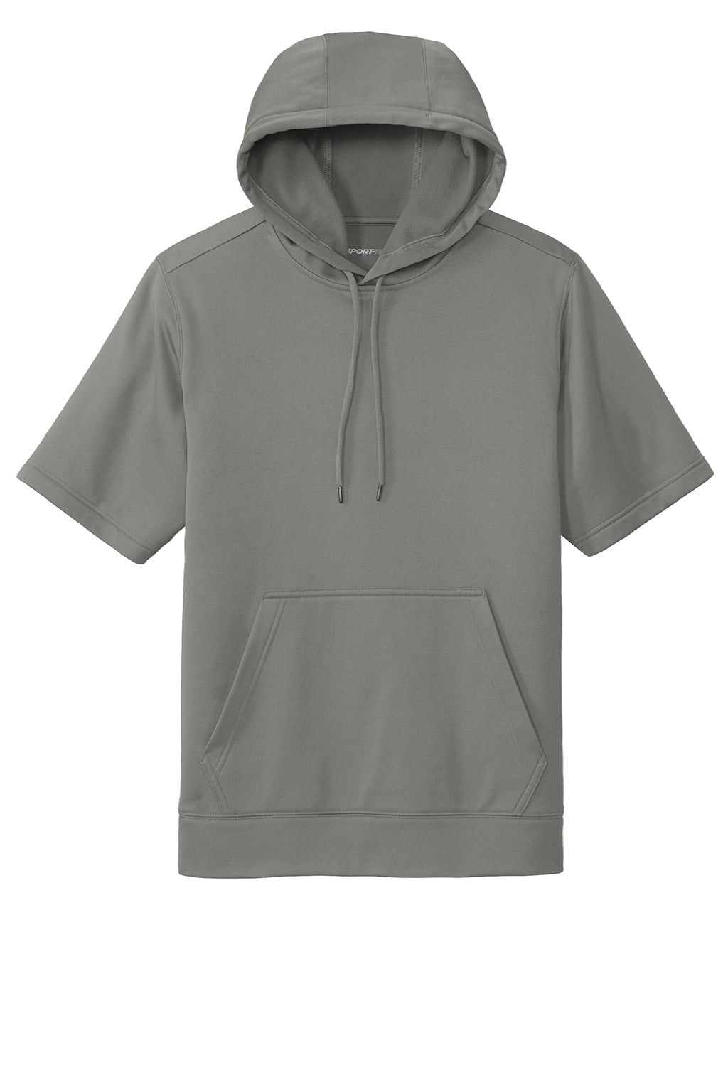 Sport-Tek ST251 Mens Moisture Wicking Fleece Short Sleeve Hooded Sweatshirt Hoodie w/ Pouch Pocket Dark Smoke Grey Flat Front