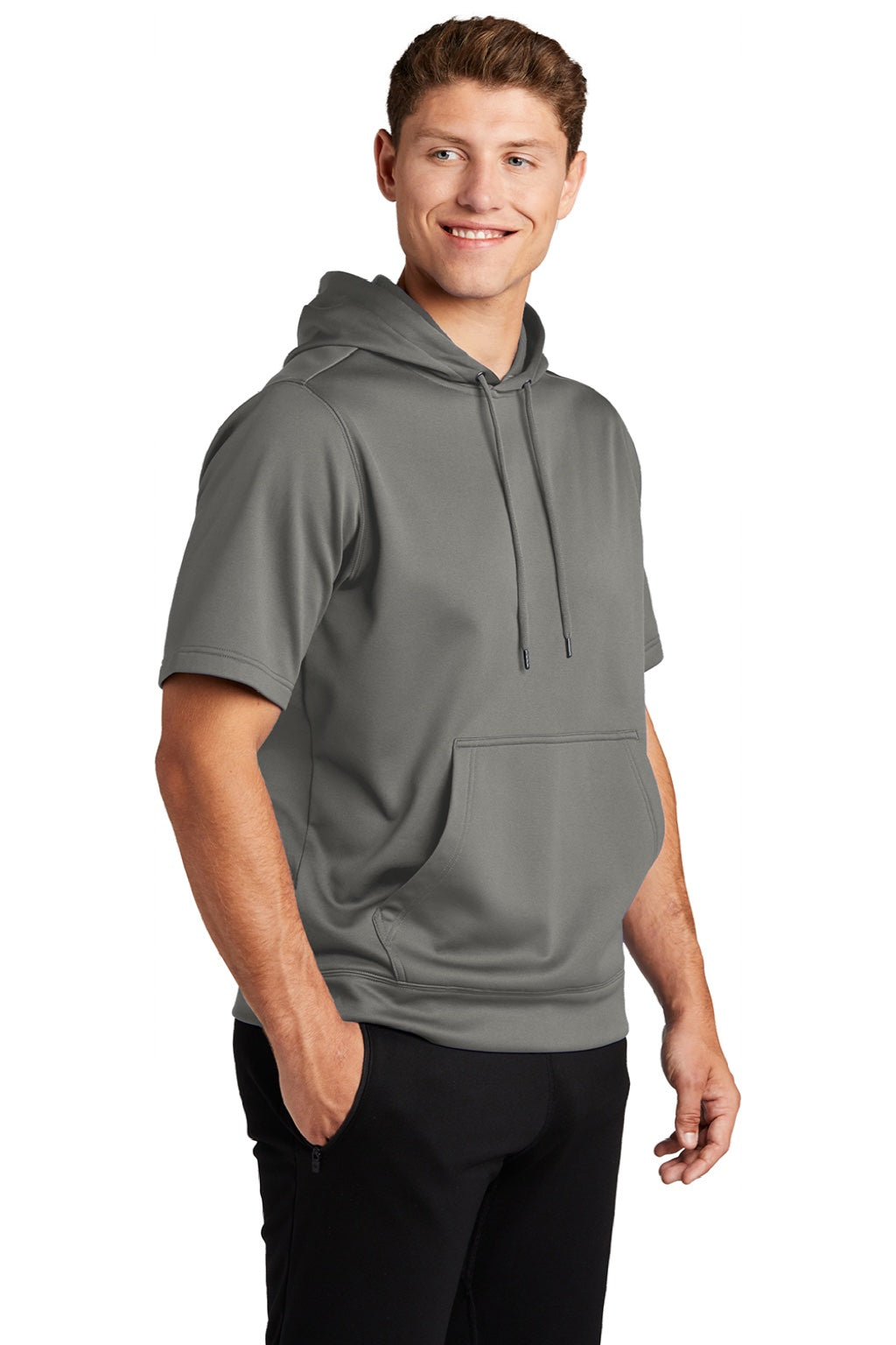 Sport-Tek ST251 Mens Moisture Wicking Fleece Short Sleeve Hooded Sweatshirt Hoodie w/ Pouch Pocket Dark Smoke Grey Model 3q