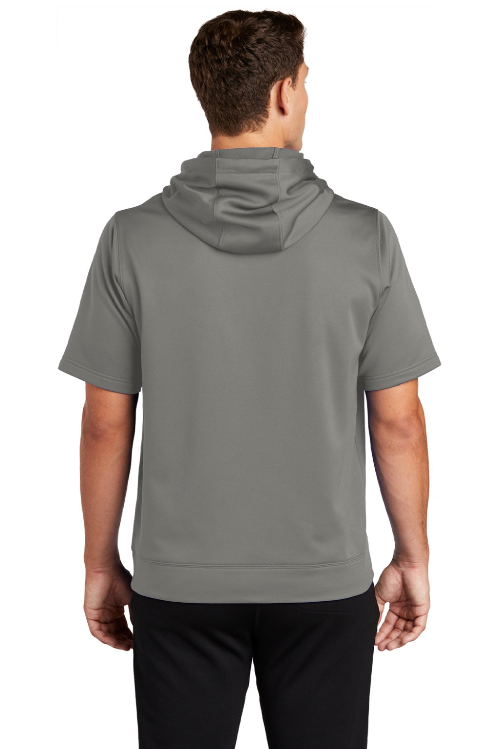 Sport-Tek ST251 Mens Moisture Wicking Fleece Short Sleeve Hooded Sweatshirt Hoodie w/ Pouch Pocket Dark Smoke Grey Model Back