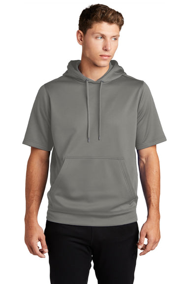 Sport-Tek ST251 Mens Moisture Wicking Fleece Short Sleeve Hooded Sweatshirt Hoodie w/ Pouch Pocket Dark Smoke Grey Model Front