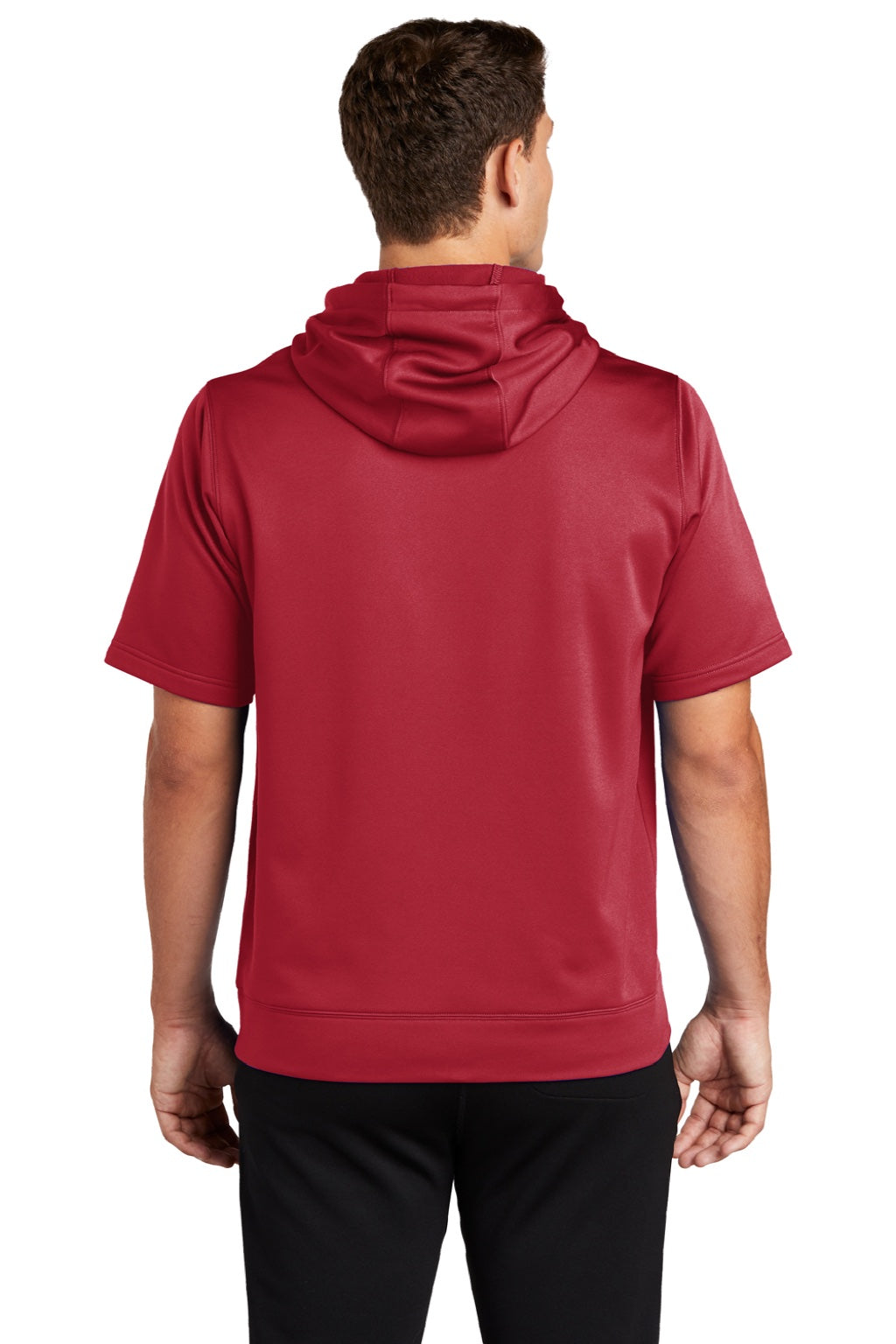 Sport-Tek ST251 Mens Moisture Wicking Fleece Short Sleeve Hooded Sweatshirt Hoodie w/ Pouch Pocket Deep Red Model Back