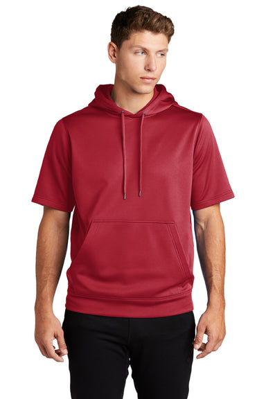 Sport-Tek ST251 Mens Moisture Wicking Fleece Short Sleeve Hooded Sweatshirt Hoodie w/ Pouch Pocket Deep Red Model Front