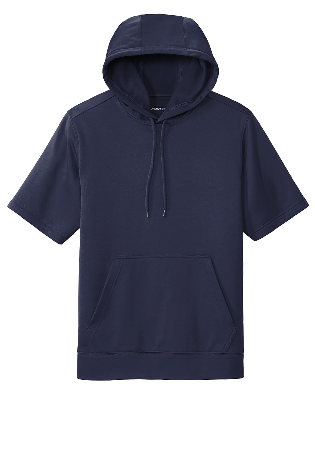 Sport-Tek ST251 Mens Moisture Wicking Fleece Short Sleeve Hooded Sweatshirt Hoodie w/ Pouch Pocket Navy Blue Flat Front