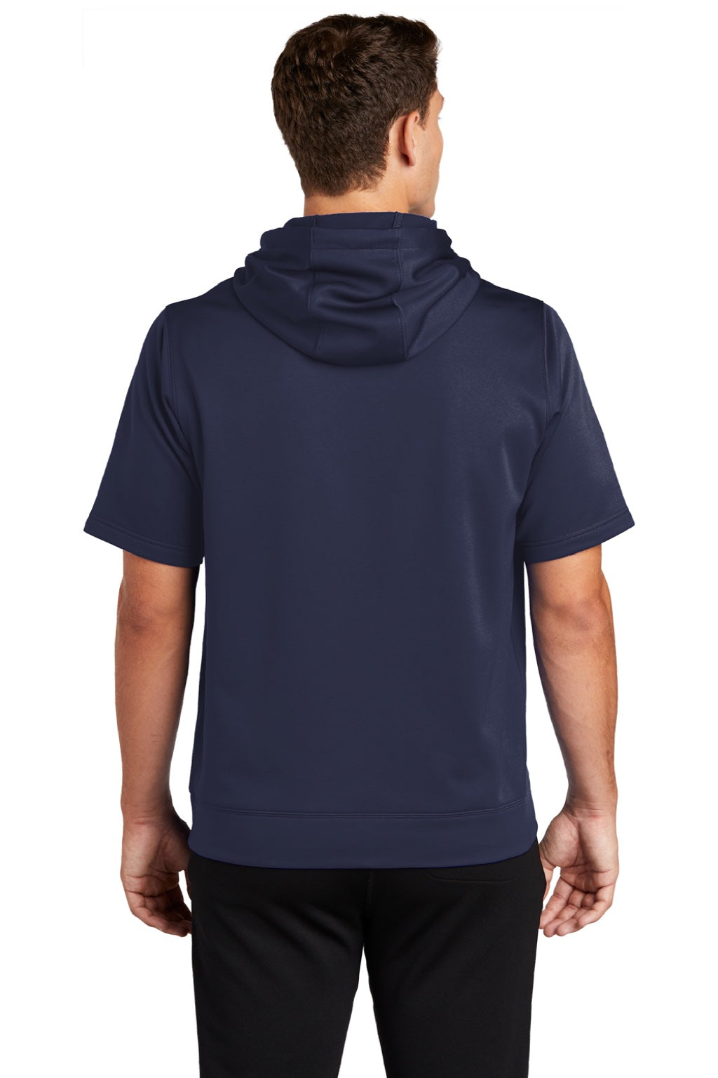 Sport-Tek ST251 Mens Moisture Wicking Fleece Short Sleeve Hooded Sweatshirt Hoodie w/ Pouch Pocket Navy Blue Model Back