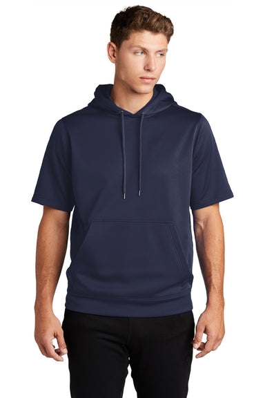 Sport-Tek ST251 Mens Moisture Wicking Fleece Short Sleeve Hooded Sweatshirt Hoodie w/ Pouch Pocket Navy Blue Model Front