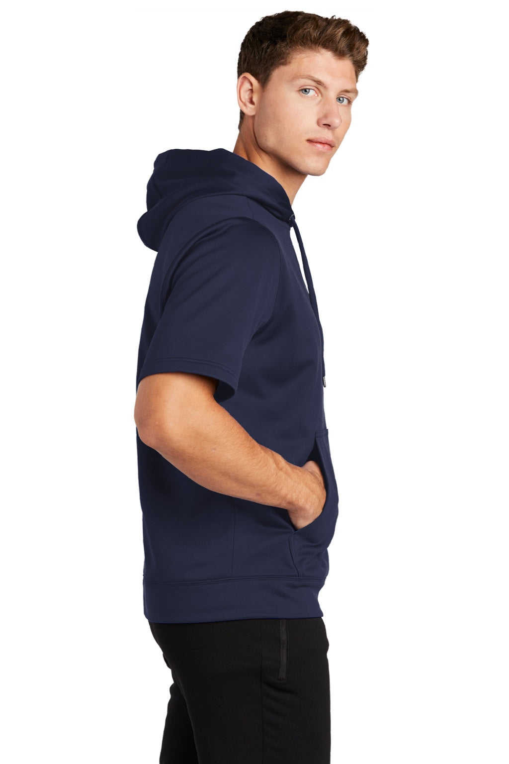 Sport-Tek ST251 Mens Moisture Wicking Fleece Short Sleeve Hooded Sweatshirt Hoodie w/ Pouch Pocket Navy Blue Model Side