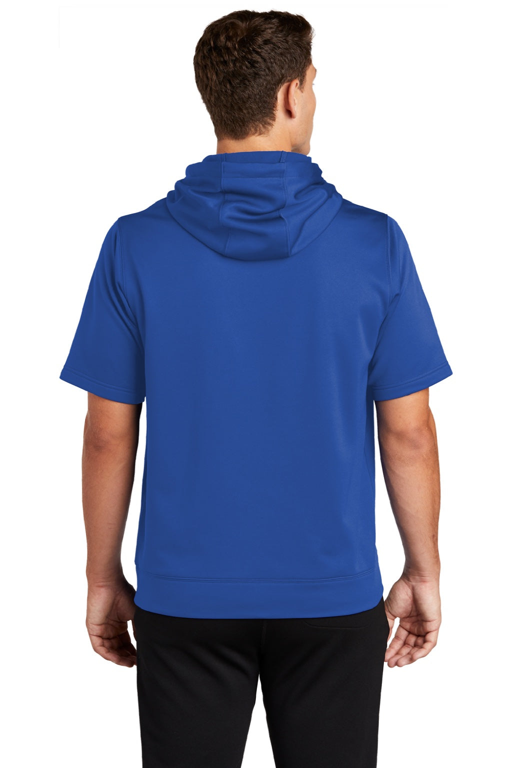 Sport-Tek ST251 Mens Moisture Wicking Fleece Short Sleeve Hooded Sweatshirt Hoodie w/ Pouch Pocket True Royal Blue Model Back