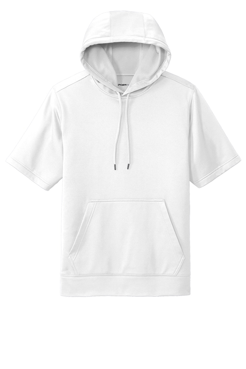 Sport-Tek ST251 Mens Moisture Wicking Fleece Short Sleeve Hooded Sweatshirt Hoodie w/ Pouch Pocket White Flat Front