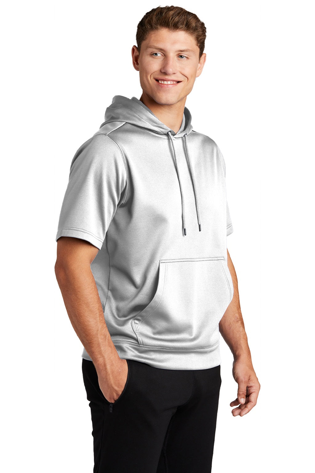 Sport-Tek ST251 Mens Moisture Wicking Fleece Short Sleeve Hooded Sweatshirt Hoodie w/ Pouch Pocket White Model 3q