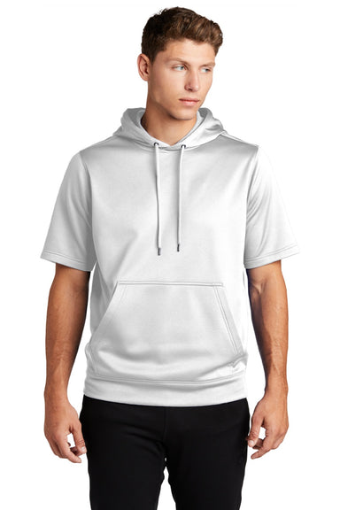 Sport-Tek ST251 Mens Moisture Wicking Fleece Short Sleeve Hooded Sweatshirt Hoodie w/ Pouch Pocket White Model Front