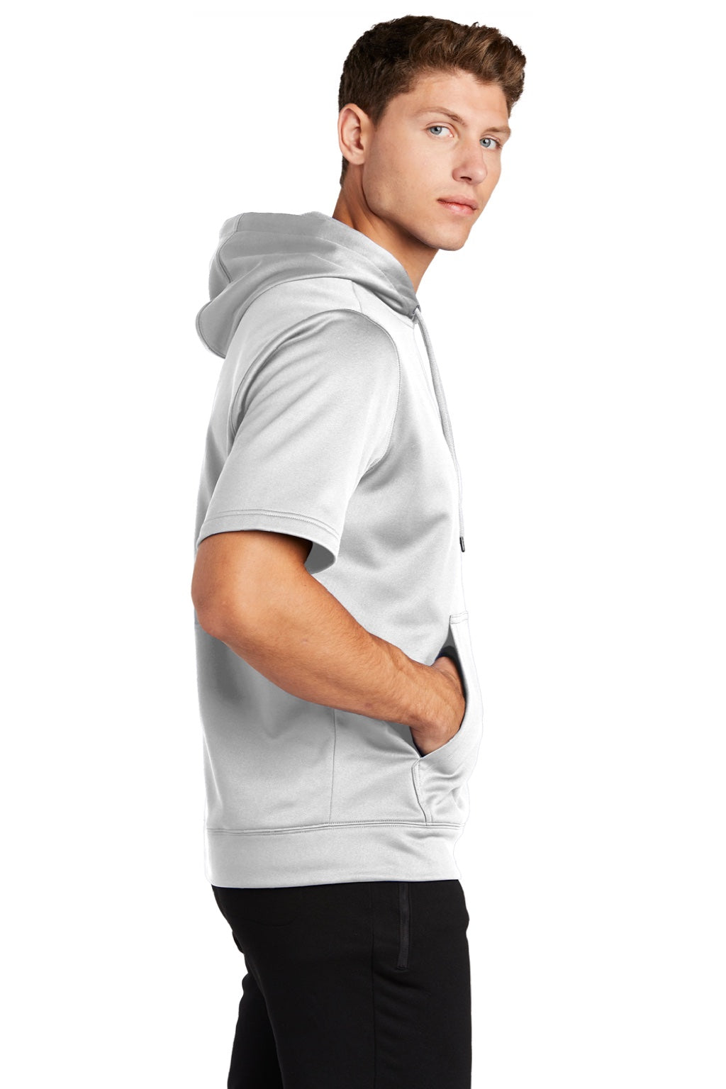 Sport-Tek ST251 Mens Moisture Wicking Fleece Short Sleeve Hooded Sweatshirt Hoodie w/ Pouch Pocket White Model Side