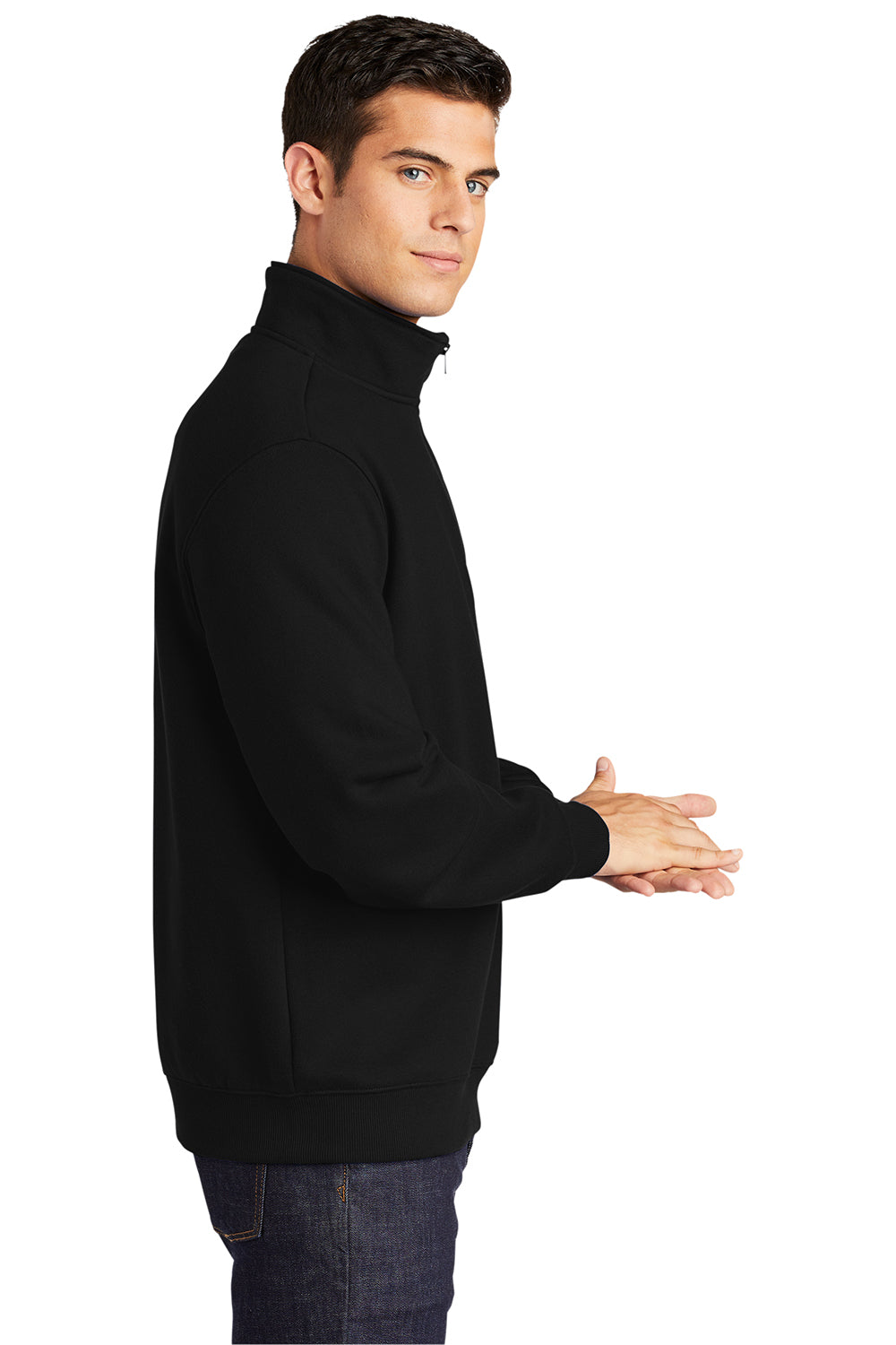 Sport-Tek ST253/TST253 Mens Shrink Resistant Fleece 1/4 Zip Sweatshirt Black Model Side