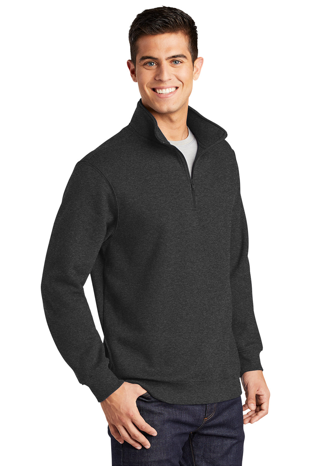 Sport-Tek ST253/TST253 Mens Shrink Resistant Fleece 1/4 Zip Sweatshirt Heather Graphite Grey Model 3q