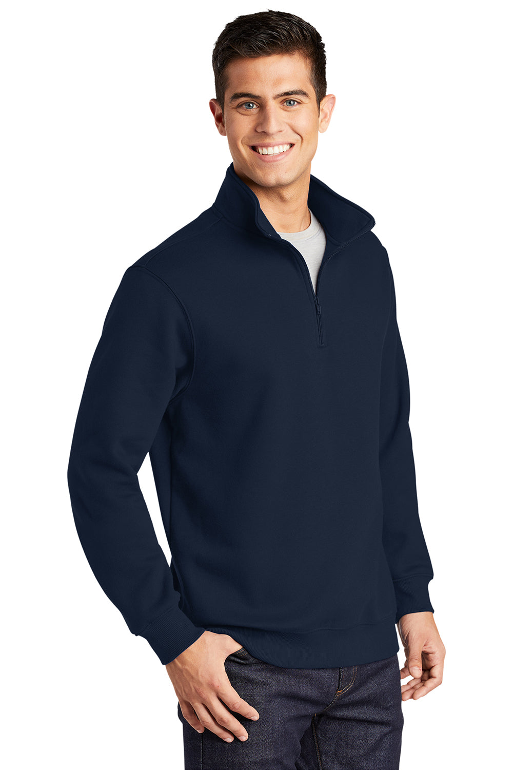 Sport-Tek ST253/TST253 Mens Shrink Resistant Fleece 1/4 Zip Sweatshirt True Navy Blue Model 3q