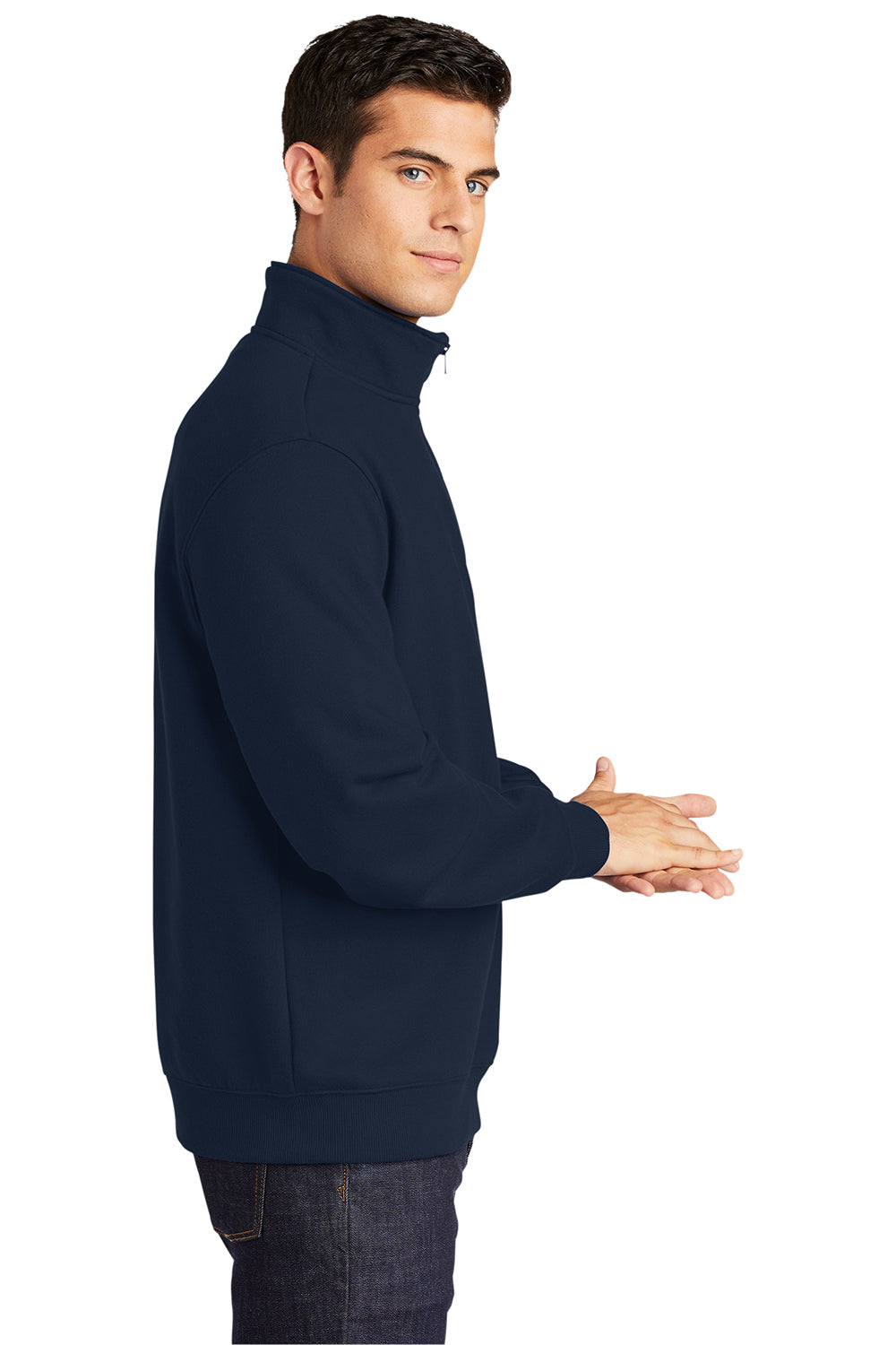 Sport-Tek ST253/TST253 Mens Shrink Resistant Fleece 1/4 Zip Sweatshirt True Navy Blue Model Side