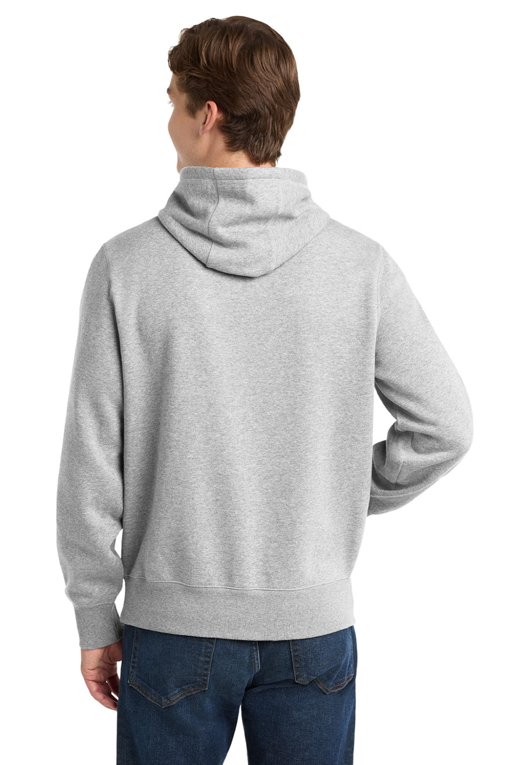 Sport-Tek ST254/TST254 Mens Shrink Resistant Fleece Hooded Sweatshirt Hoodie w/ Pouch Pocket Heather Grey Model Back