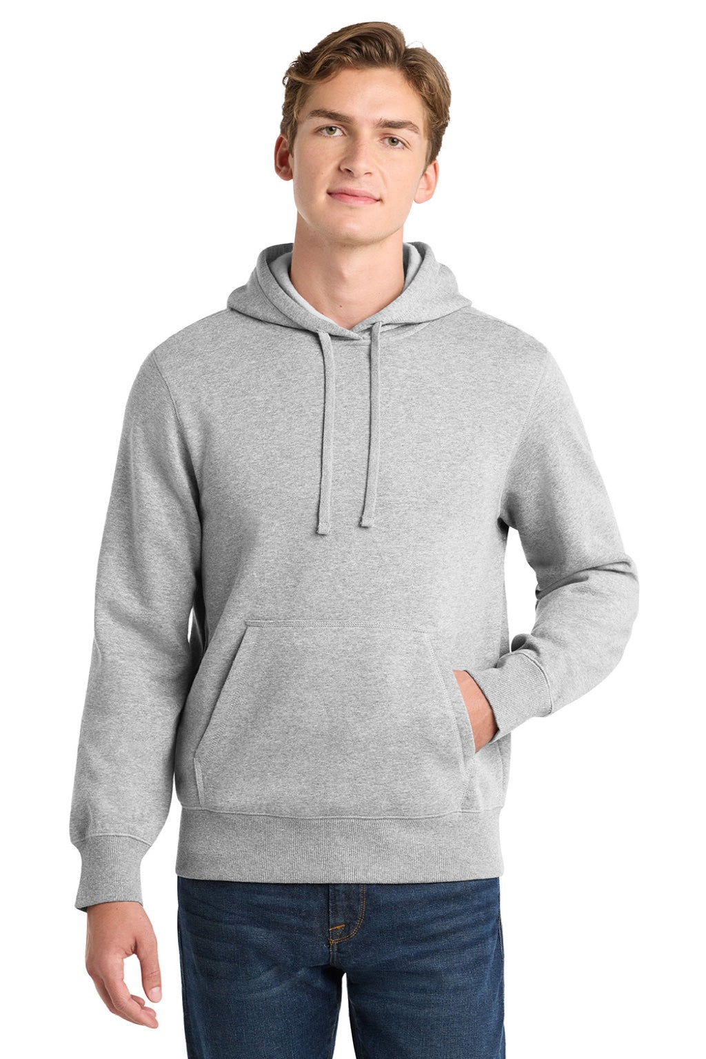 Sport-Tek ST254/TST254 Mens Shrink Resistant Fleece Hooded Sweatshirt Hoodie w/ Pouch Pocket Heather Grey Model Front
