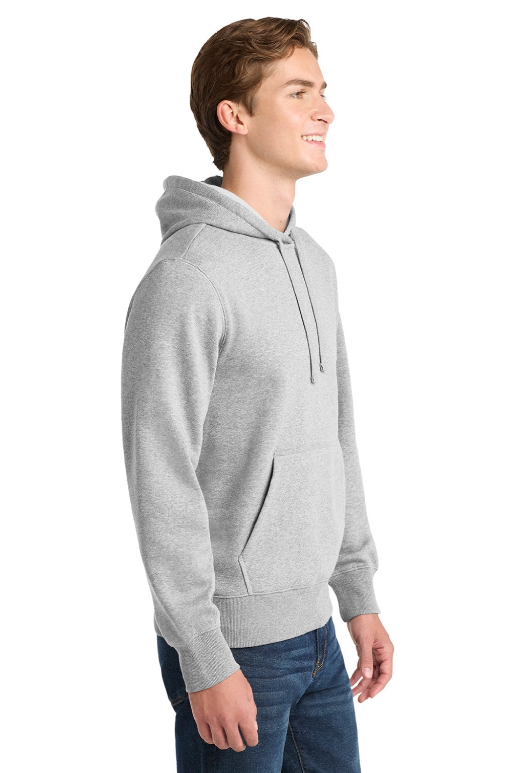 Sport-Tek ST254/TST254 Mens Shrink Resistant Fleece Hooded Sweatshirt Hoodie w/ Pouch Pocket Heather Grey Model Side