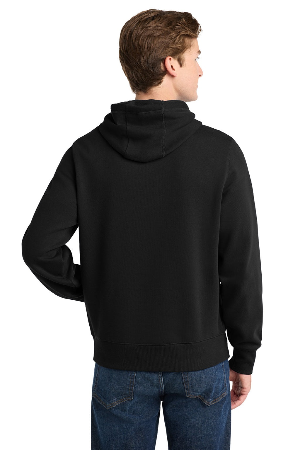 Sport-Tek ST254/TST254 Mens Shrink Resistant Fleece Hooded Sweatshirt Hoodie w/ Pouch Pocket Black Model Back